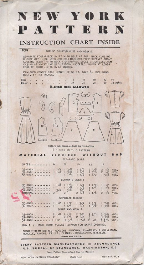 1950's New York A-line Skirt, Vest and Blouse with Puff Sleeves - Chest 28" - No. 939