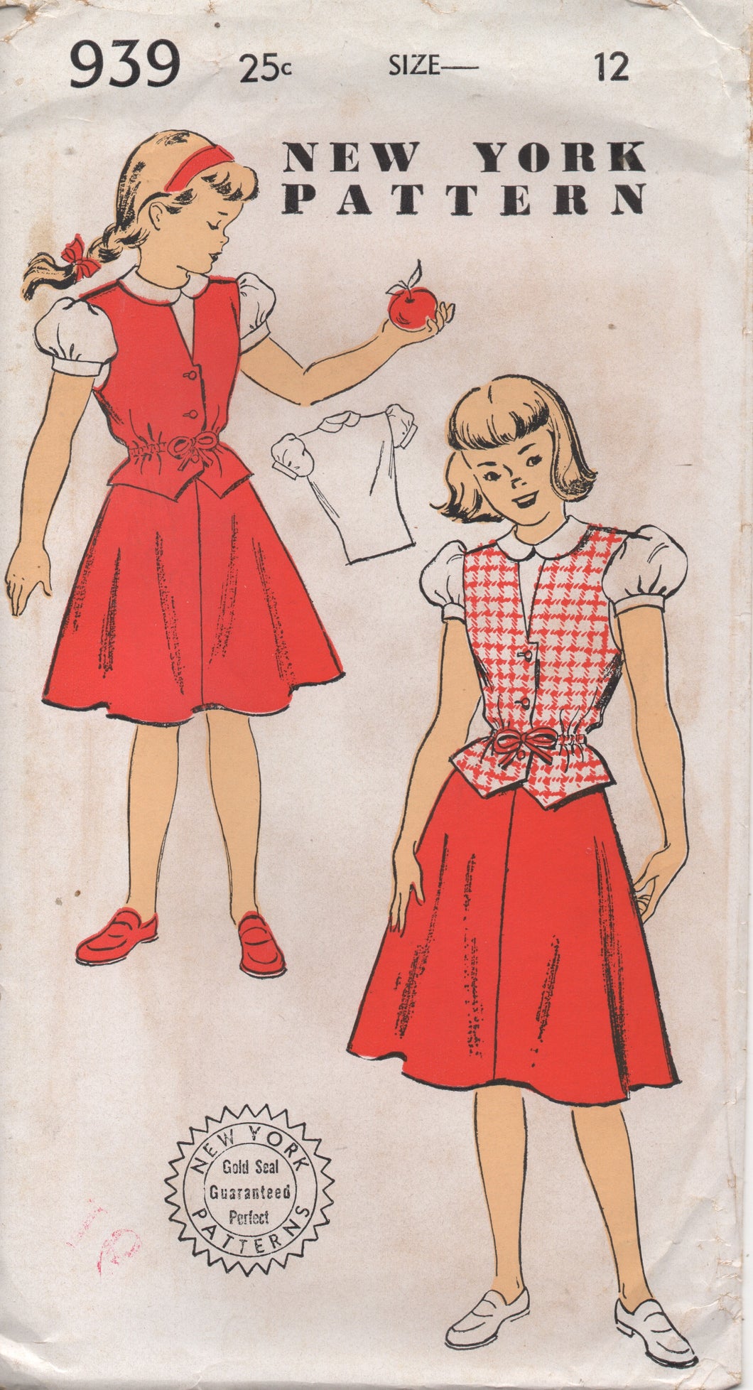 1950's New York A-line Skirt, Vest and Blouse with Puff Sleeves - Chest 30