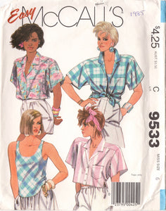 1980's McCall's Button up Blouse Pattern in Cropped or Standard length and Tank Top Pattern - Bust 30.5" - no. 9533