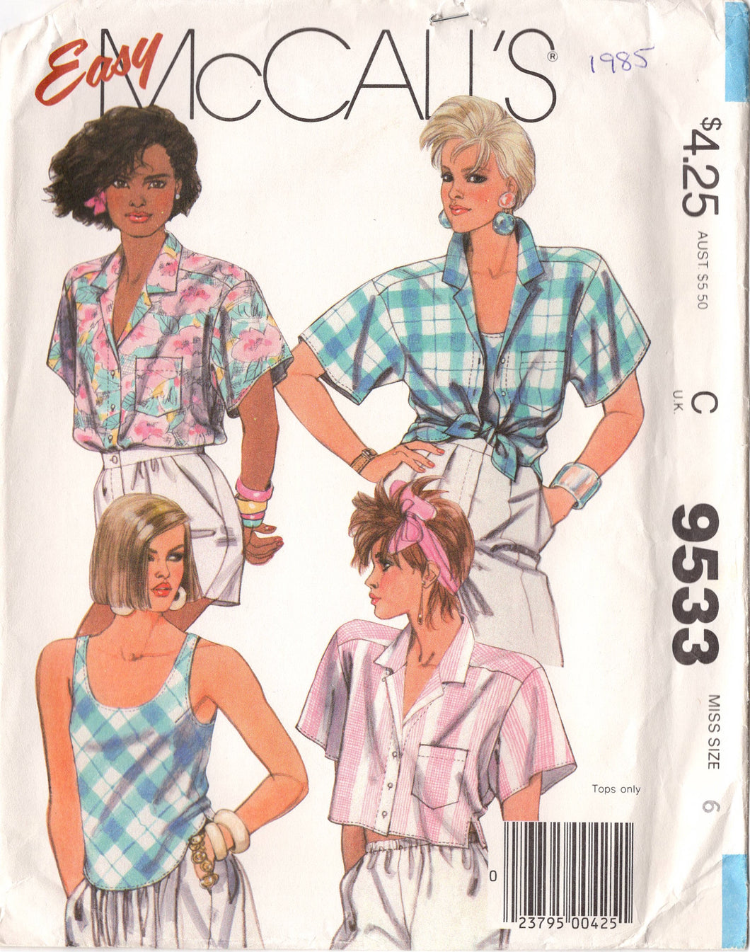 1980's McCall's Button up Blouse Pattern in Cropped or Standard length and Tank Top Pattern - Bust 30.5