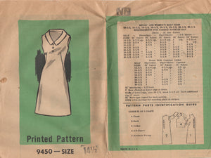 1960's Marian Martin One-Piece Dress with Contrast Collar Pattern - Bust 35" - No. 9450