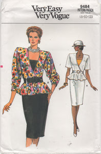 1980's Vogue Peplum Top with deep V, Camisole, and Pencil Skirt - Bust 31.5-32.5-34" - No. 9484