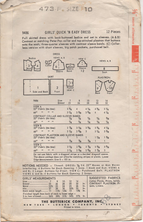 1960's Butterick High Neck Dress with Plastron and pockets  - Chest 28" - No. 9486