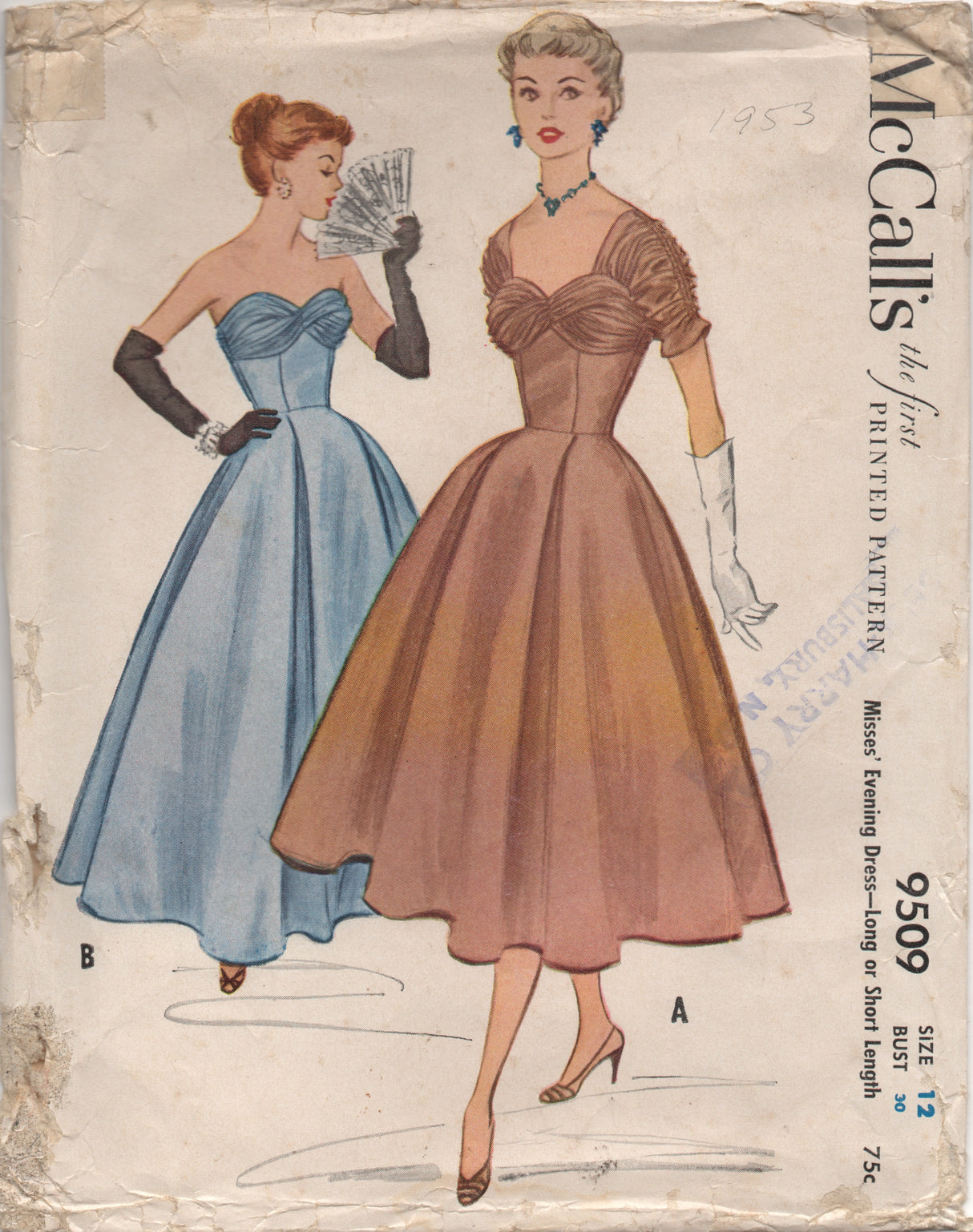 1950's McCall's Evening Gown in Two Lengths with Gathered Drape and Sleeve - Bust 30" - No. 9509