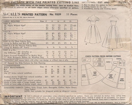 1950's McCall's Evening Gown in Two Lengths with Gathered Drape and Sleeve - Bust 30" - No. 9509