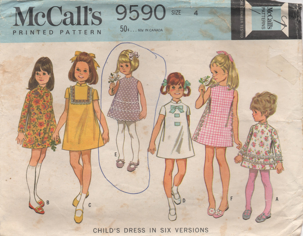 1960's McCall's Child's One Piece Dress with Long Sleeves or Sleeveless - Size 4 - No. 9590