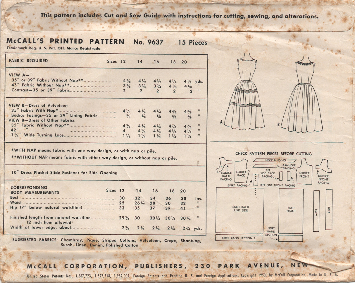 1950's McCall's One Piece Fit and Flare Dress with Bow Accent - Bust 32" - No. 9637