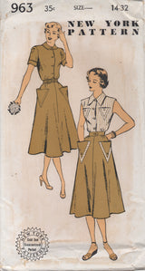 1950's New York One Piece Shirtwaist Dress with Triangular Pockets - Bust 32" - No. 963