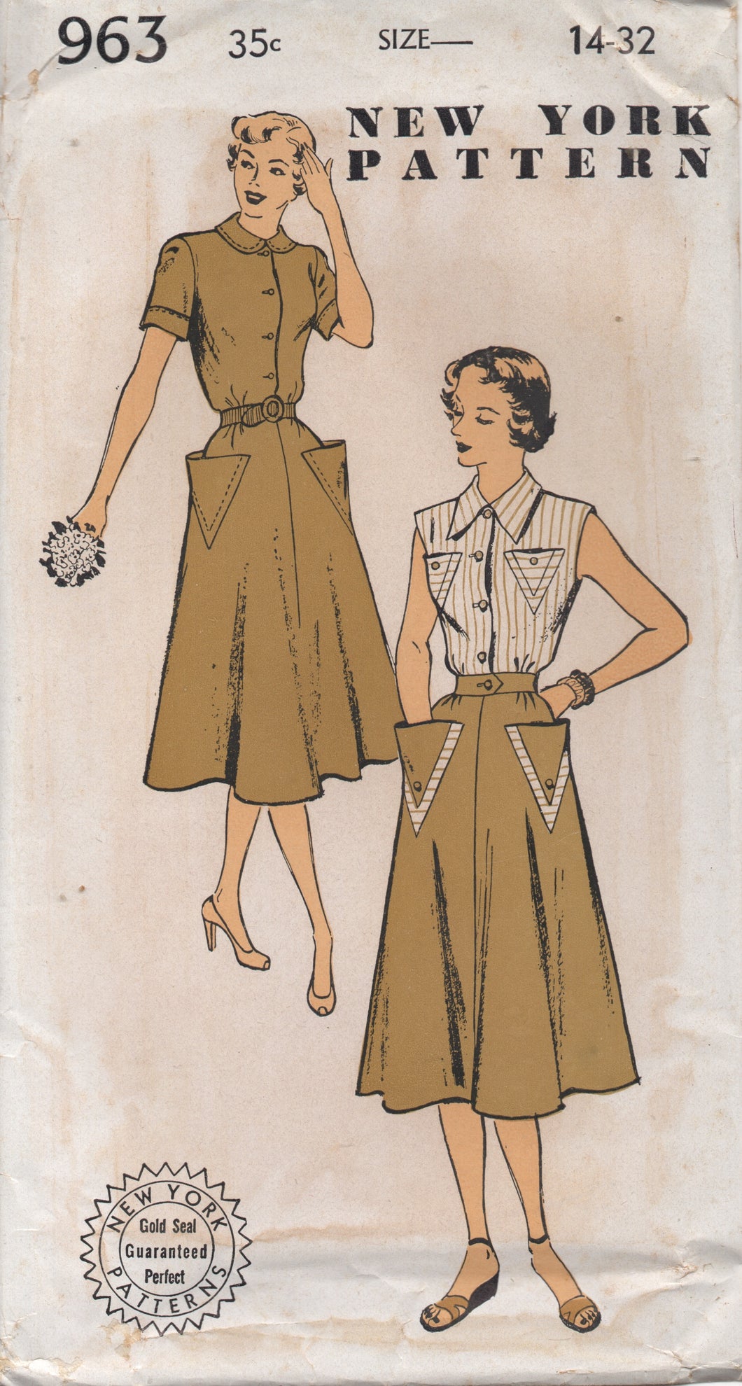 1950's New York One Piece Shirtwaist Dress with Triangular Pockets - Bust 32