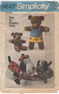 1970's Simplicity Set of Plush Pets (Small and Large Bear and Dog) with clothes - No. 9647