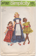 1970's Simplicity Child's One Piece Prairie Dress with Puff Sleeves and Ruffle and Apron - Size 8 - No. 9732