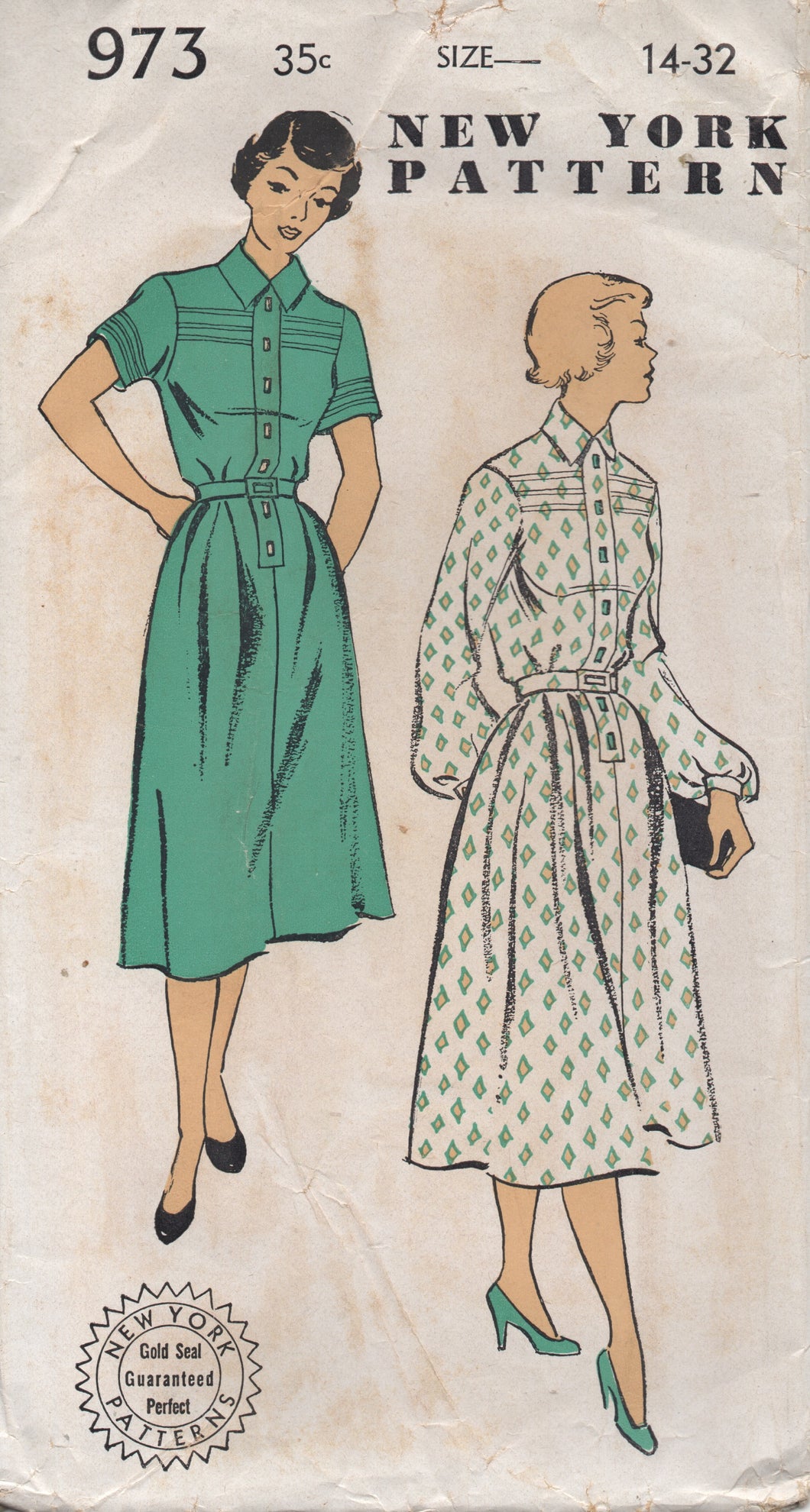 1950's New York One Piece Shirtwaist Dress with Pin Tucks and Two Sleeve lengths - Bust 32