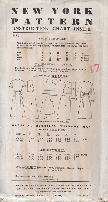 1950's New York One Piece Shirtwaist Dress with Pin Tucks and Two Sleeve lengths - Bust 32" - No. 973