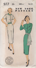 1950's New York One Piece Shirtwaist Sheath Dress Pattern with Peter Pan Collar - Bust 32" - No. 977