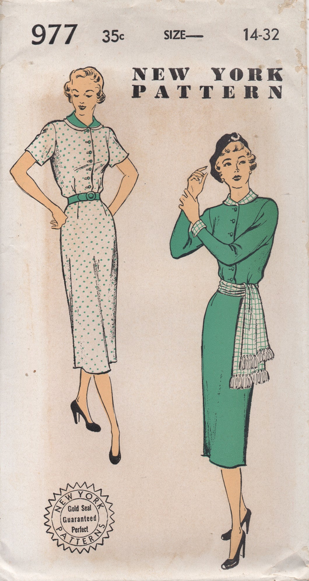 1950's New York One Piece Shirtwaist Sheath Dress Pattern with Peter Pan Collar - Bust 32
