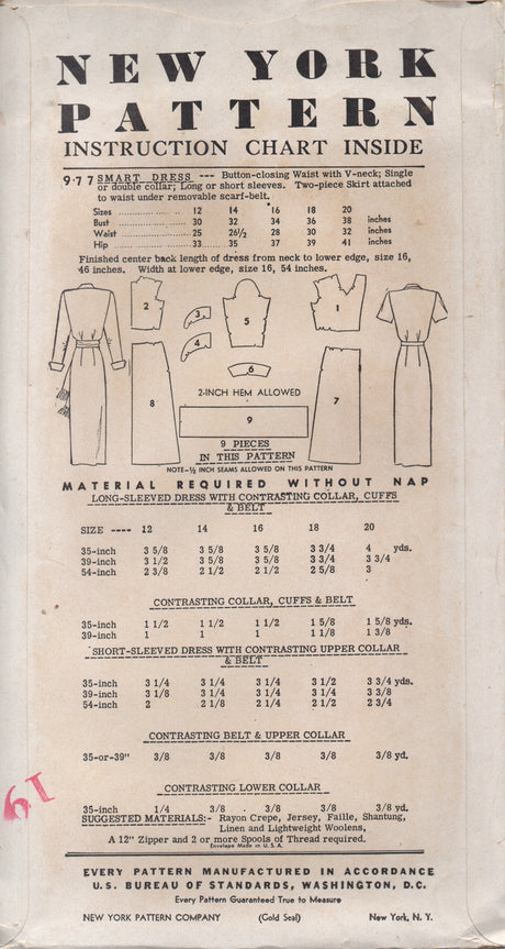 1950's New York One Piece Shirtwaist Sheath Dress Pattern with Peter Pan Collar - Bust 32" - No. 977