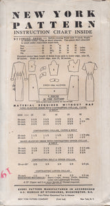 1950's New York One Piece Shirtwaist Sheath Dress Pattern with Peter Pan Collar - Bust 32" - No. 977