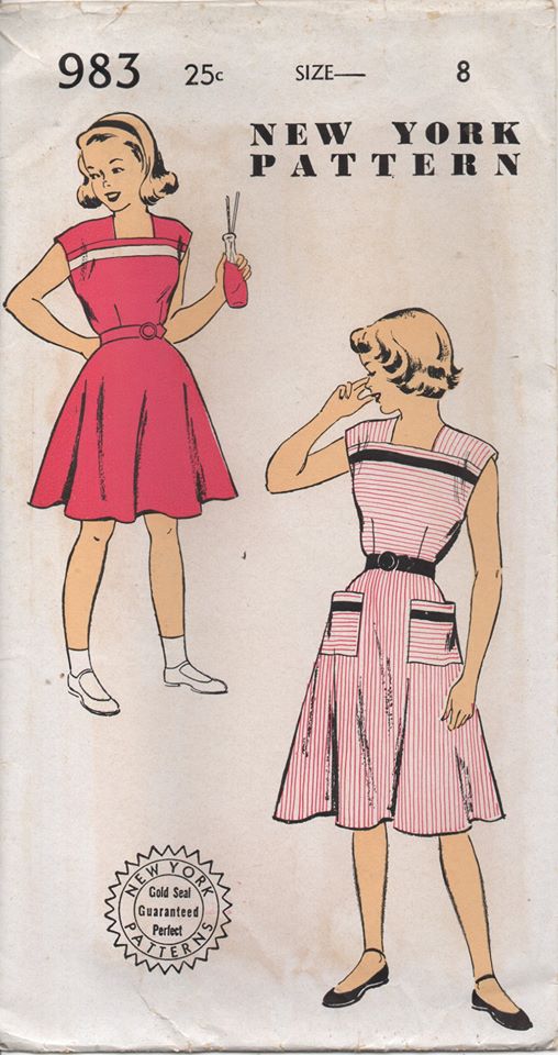 1950's New York Girl's One Piece Dress with Square Neckline and Patch Pockets - Chest 26" - No. 983