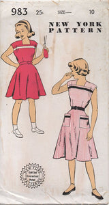 1950's New York Girl's One Piece Dress with Square Neckline and Patch Pockets - Chest 28" - No. 983