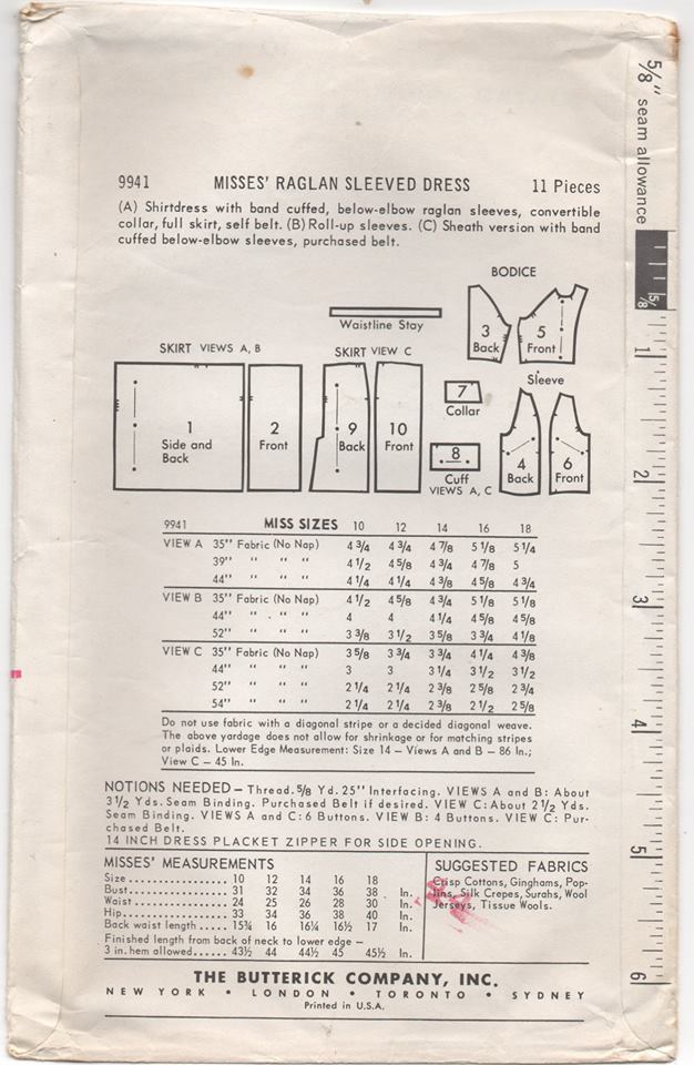 1960's One Piece Raglan Sleeve Dress with Full or Slim Skirt - Bust 31" - UC/FF - No. 9941