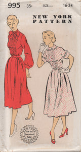 1950's New York One Piece Dress with Tucked Bodice and Pussy Bow - Bust 34" - No. 995