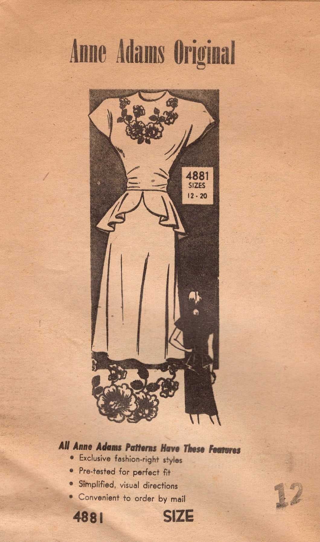 1940's Anne Adams One Piece Dress Peplum and Back Tie - Bust 30