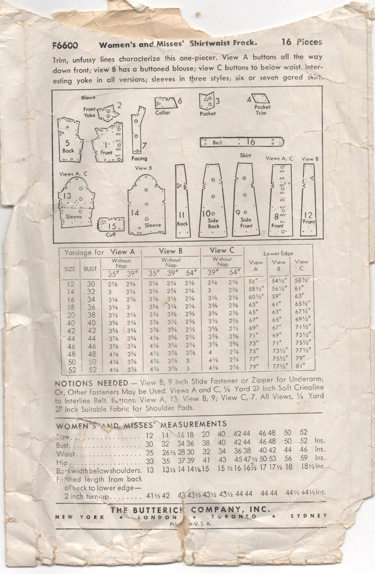 1940's Butterick Shirtwaist Dress with Interesting Pockets - Bust 36" - No. F6600 - WOUNDED