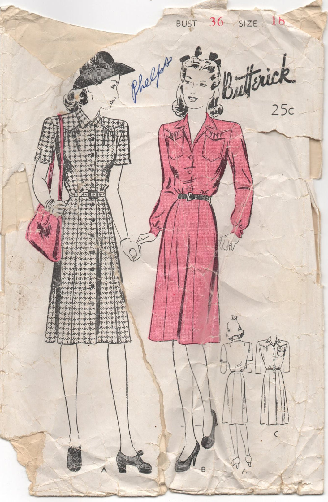 1940's Butterick Shirtwaist Dress with Interesting Pockets - Bust 36