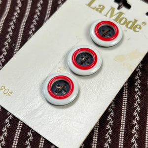 1980’s La Mode Red, White and Navy formed Plastic Buttons - Opaque - on card