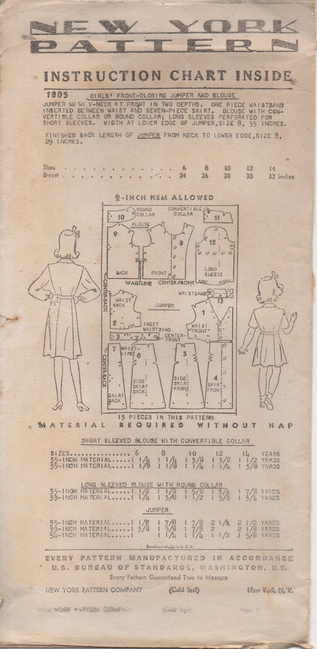 1940's New York Girl's Button Up Dress and Blouse with Two Sleeve Lengths - Chest 26" - No. 1805