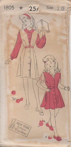 1940's New York Girl's Button Up Dress and Blouse with Two Sleeve Lengths - Chest 28