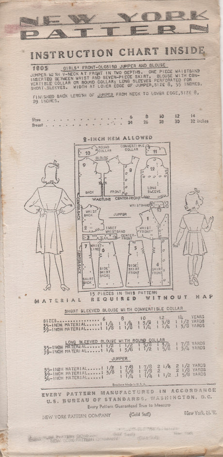 1940's New York Girl's Button Up Dress and Blouse with Two Sleeve Lengths - Chest 28" - No. 1805