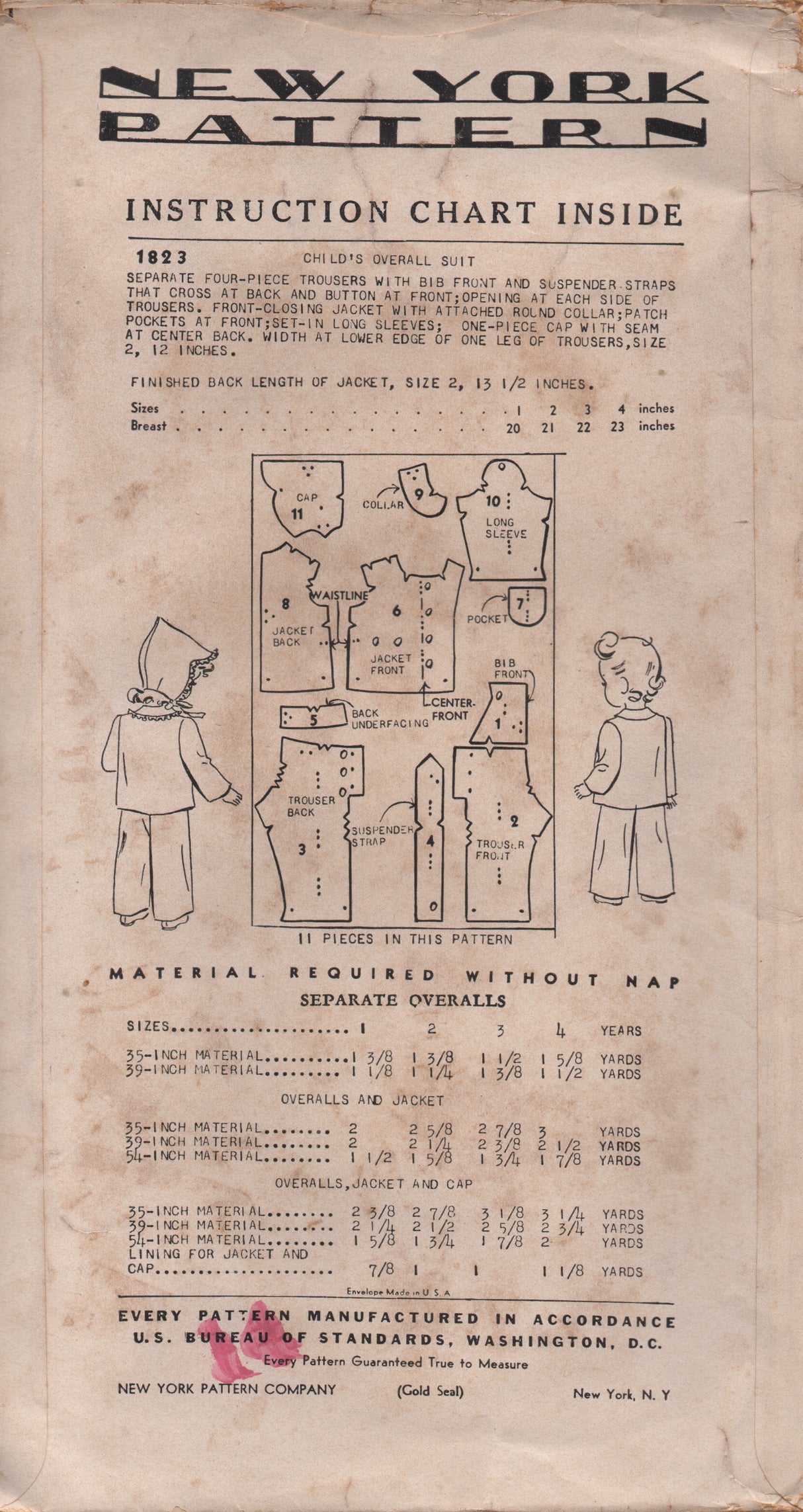 1940's New York Child's Overalls, Jacket and Cap Pattern - Vtg. Size 1 - No. 1823