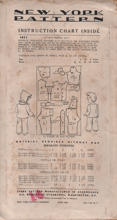 1940's New York Child's Overalls, Jacket and Cap Pattern - Vtg. Size 1 - No. 1823