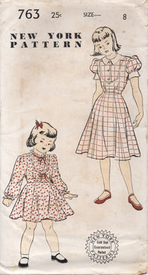 1950's New York Girl's One Piece Dress with Puff or Long Sleeves and Inset Vestee - Chest 26