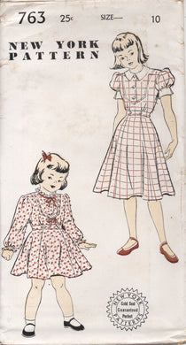 1950's New York Girl's One Piece Dress with Puff or Long Sleeves and Inset Vestee - Chest 28