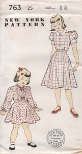 1950's New York Girl's One Piece Dress with Puff or Long Sleeves and Inset Vestee - Chest 30" - No. 763
