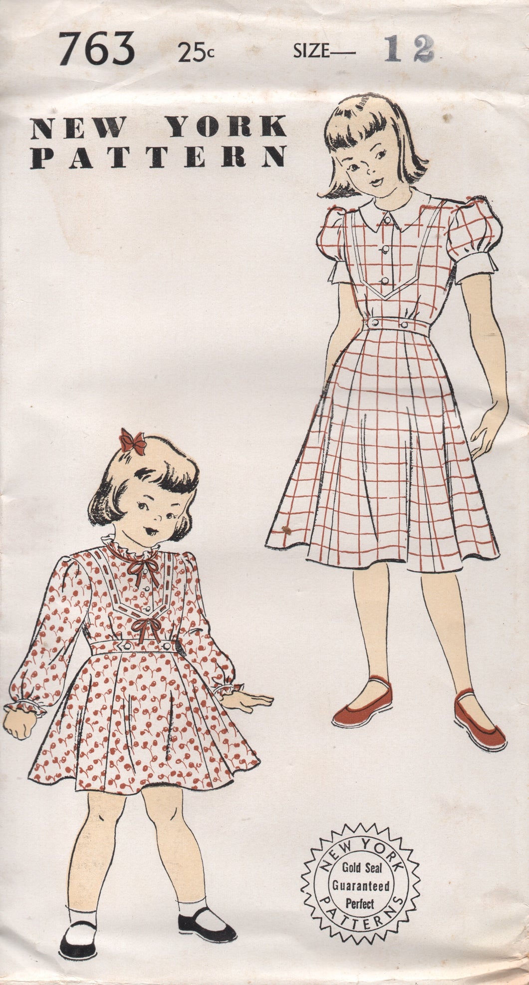1950's New York Girl's One Piece Dress with Puff or Long Sleeves and Inset Vestee - Chest 30