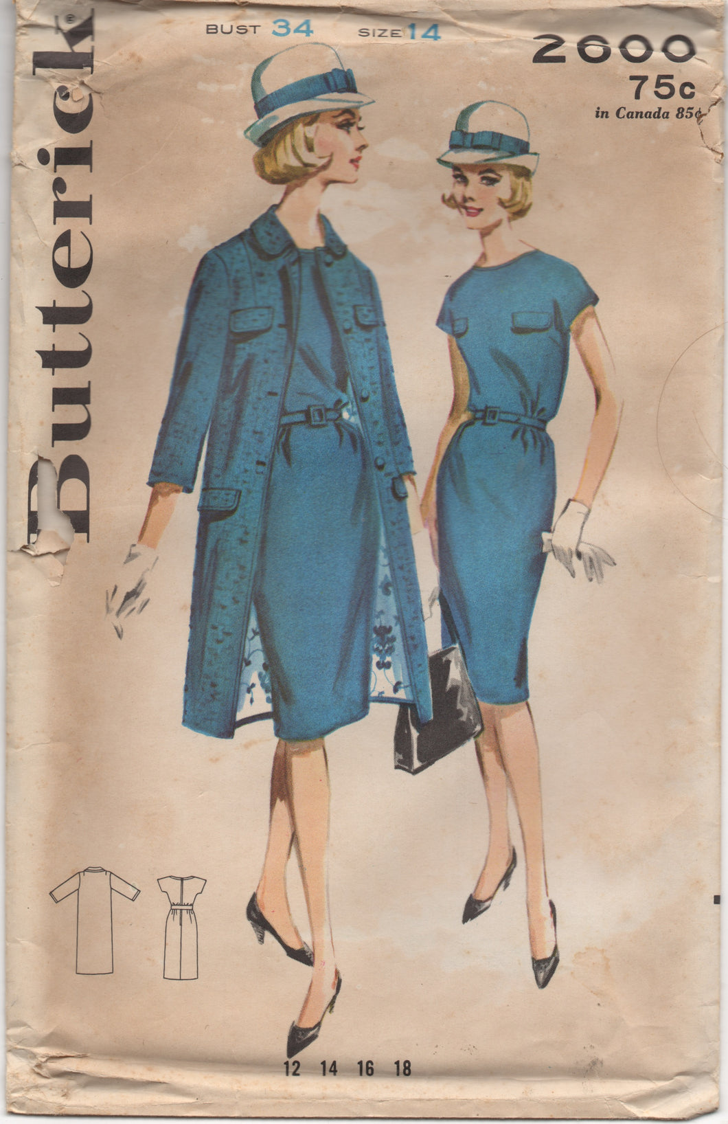1960's Butterick One Piece Wiggle Dress with Accents and Coat - Bust 34
