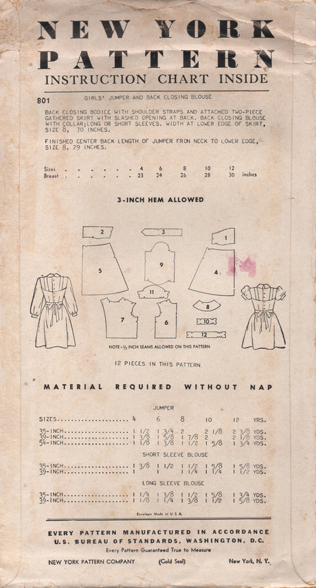 1950's New York Girl's One Piece Dress with Scallop option and Blouse - Chest 26" - No. 801