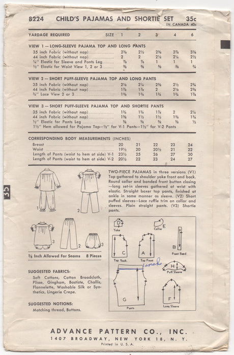 1950's Advance Child's Two Piece Pajamas with Shorts or pants - Chest 20" - No. 8224