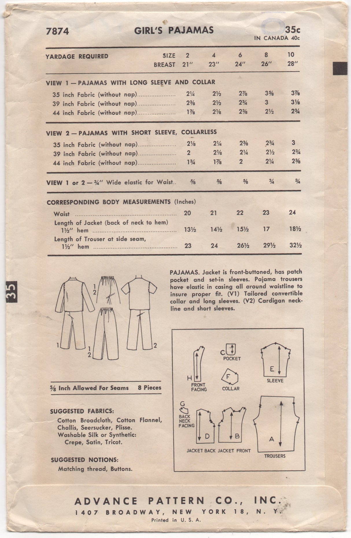 1950's Advance Child's Two Piece Pajamas - Chest 23" - No. 7874