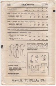 1950's Advance Child's Two Piece Pajamas - Chest 23" - No. 7874