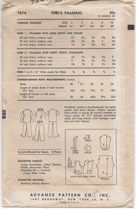 1950's Advance Child's Two Piece Pajamas - Chest 24" - No. 7874