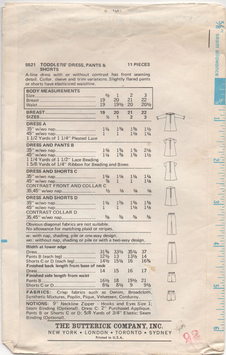 1960's Butterick Child's Dress, Pants and Shorts- Chest 21" - No. 5521