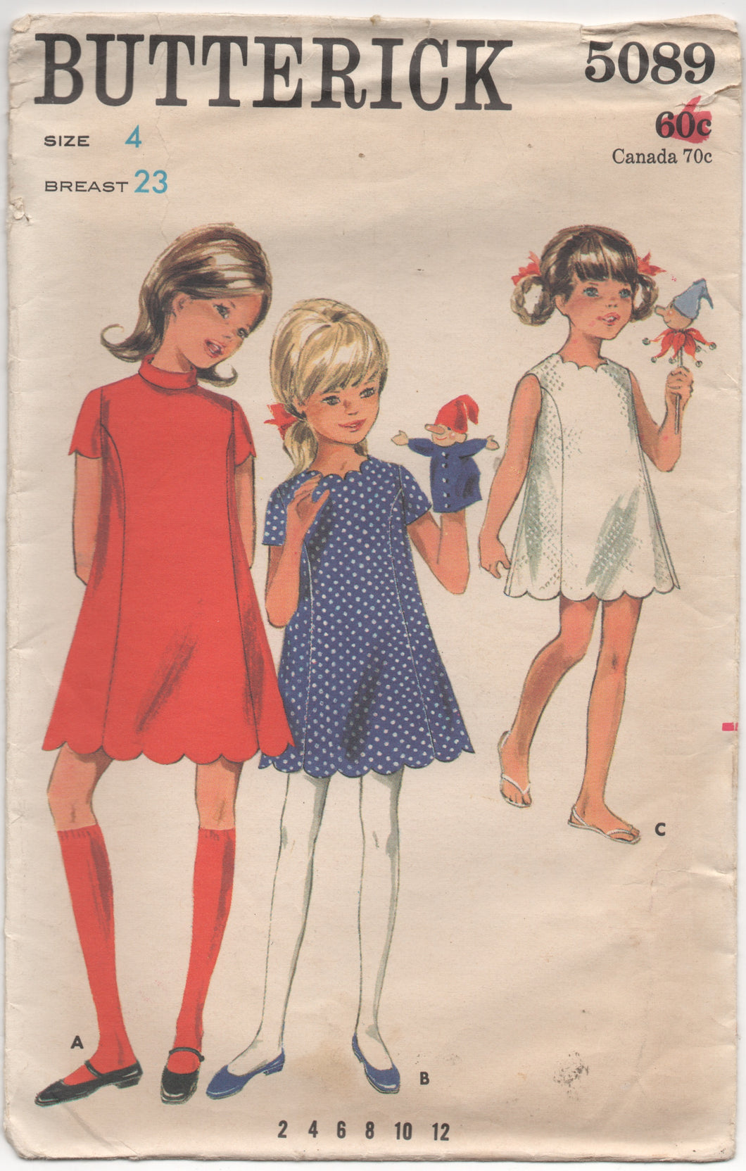 1960's Butterick Child's One Piece Dress with mandarin collar or scallops - Chest 23
