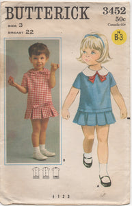 1960's Butterick Child's One Piece Drop Waist Dress with Pleated Flounce - Chest 22" - No. 3452