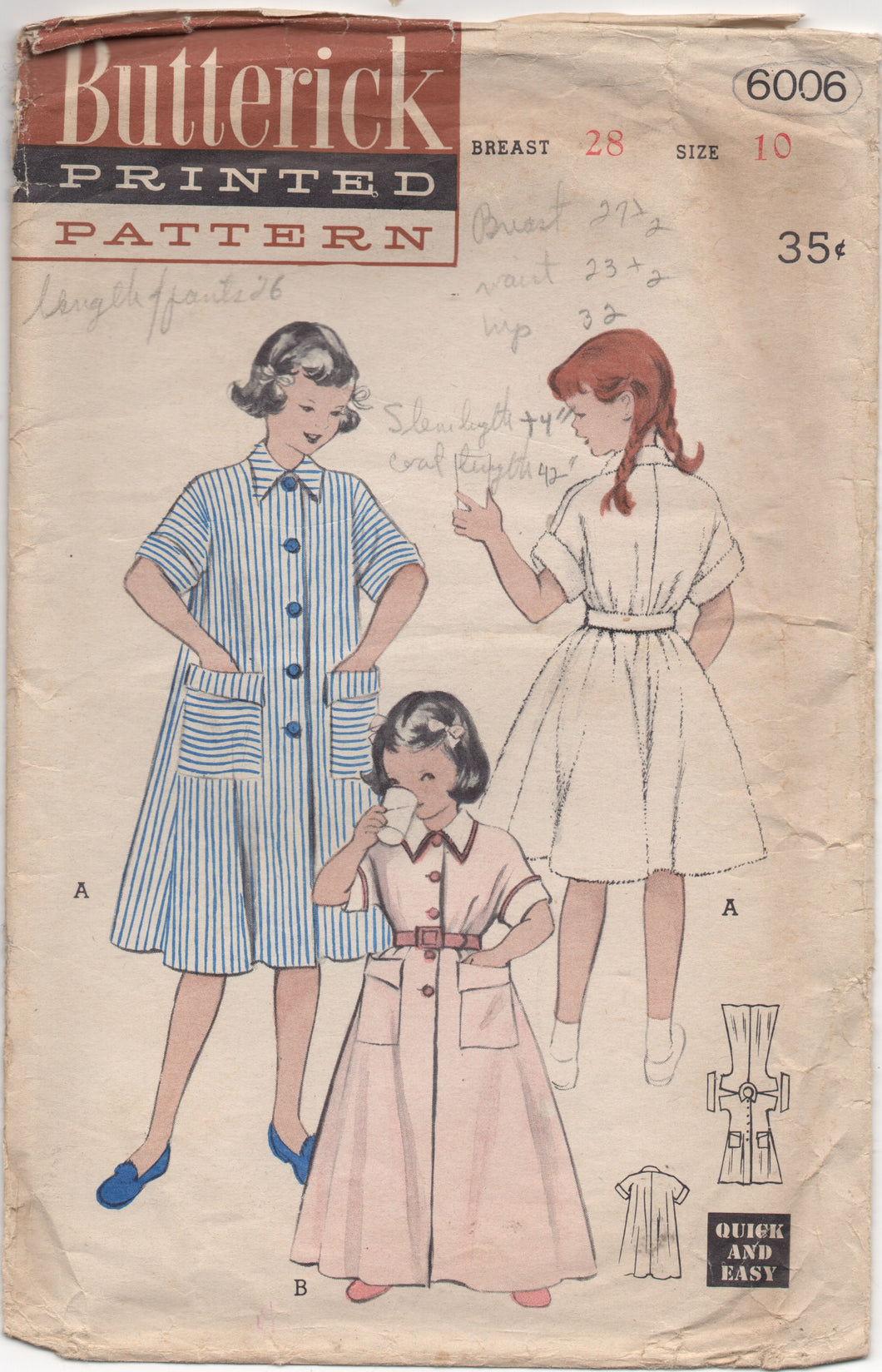 1950's Butterick Child's Duster or Housecoat - Chest 28