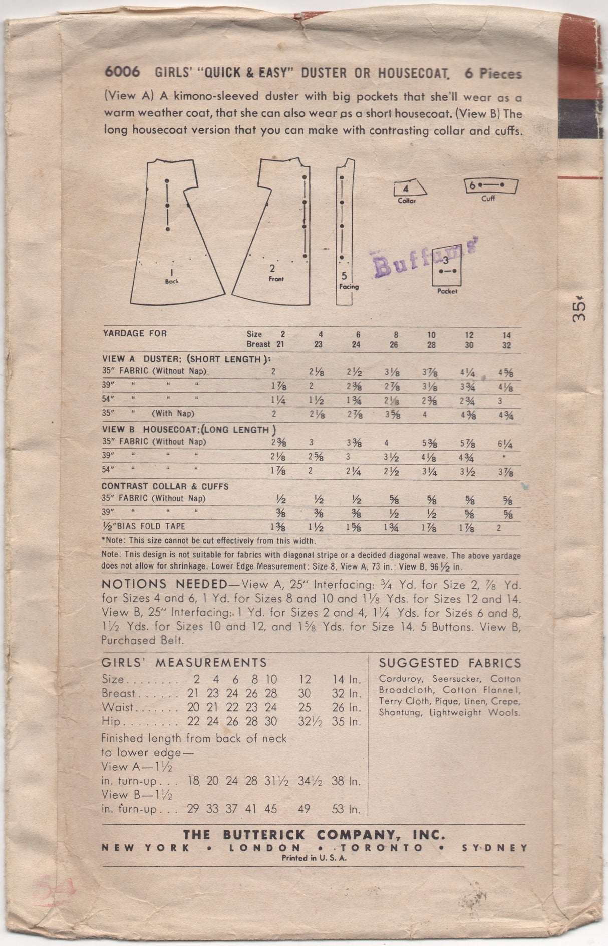 1950's Butterick Child's Duster or Housecoat - Chest 28" - No. 6006