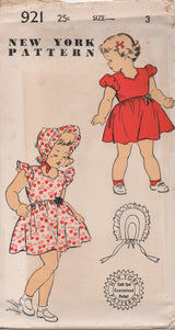 1950's New York Girl's Dress with Ruffle or Puff Sleeves and Bonnet - Chest 22" - No. 921